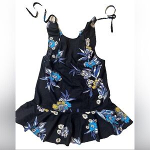 Free People Mini Dress L Black Floral Ruffled Drop Waist Tie Back Cottage Boho